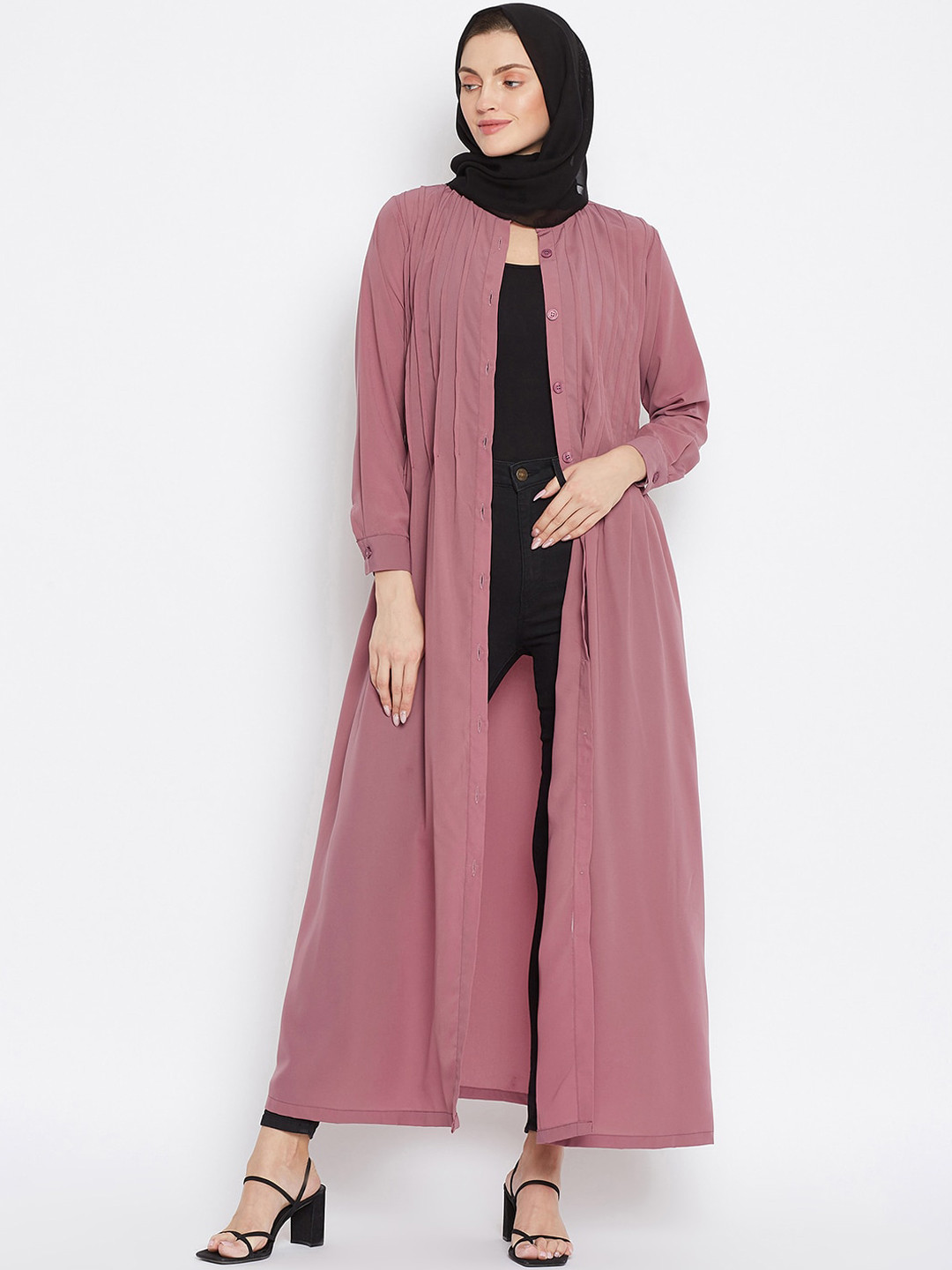 NABIA Women Pink & Black Solid Abaya Burqas