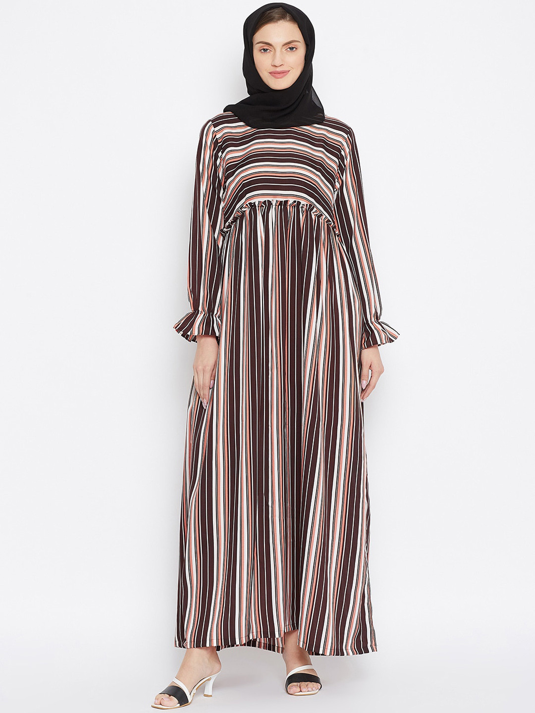 NABIA Women Brown Striped Burqa