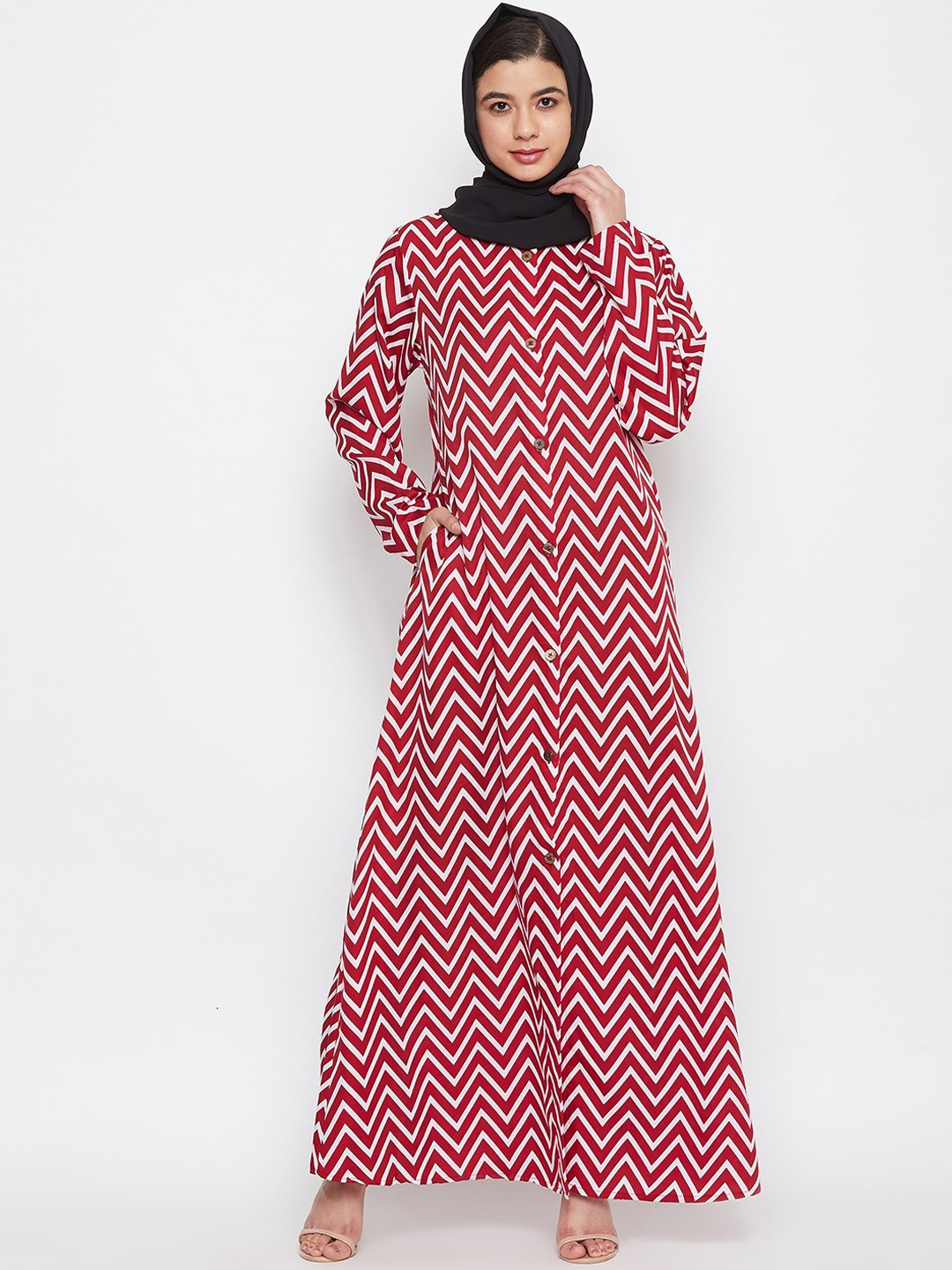 NABIA Women Red Printed Abaya Burqa