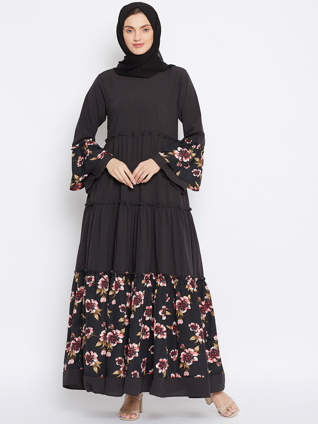 NABIA Women Olive Black Printed Tiered Frill Abaya Burqa