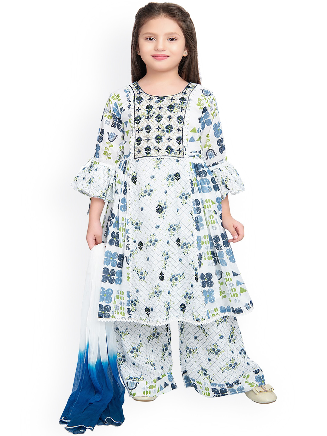BETTY Girls Blue Floral Embroidered Kurta With Palazzos & With Dupatta