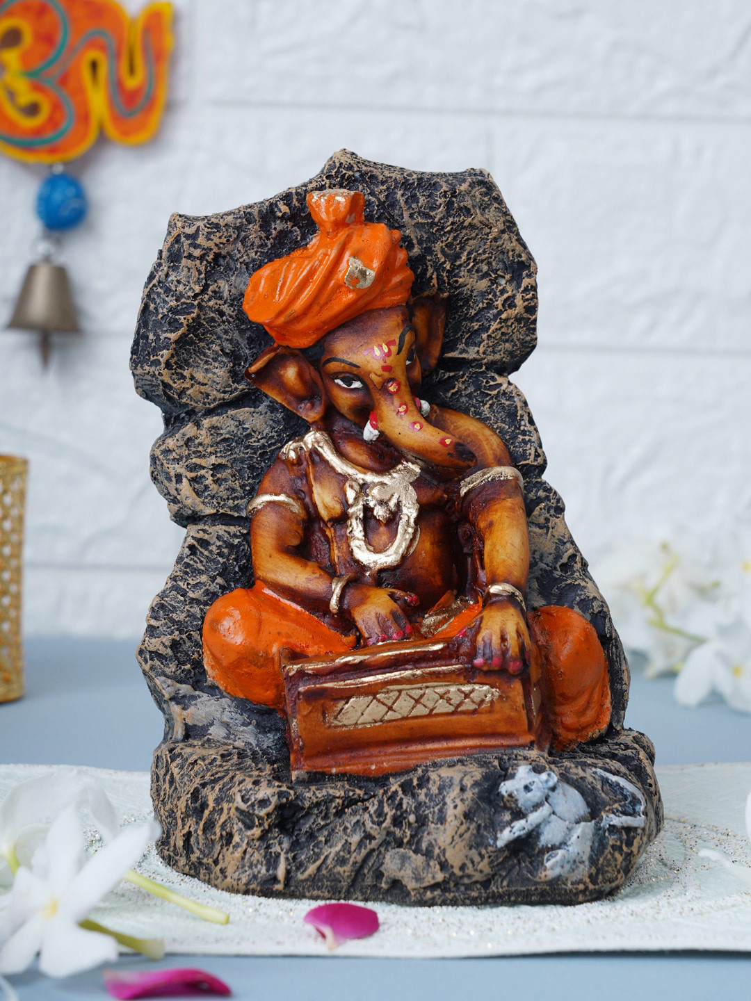 FASHIYANOO Harmonium Ganesha Orange Polyresin Glossy Living Room Medium Showpiece - 6.3 Inches