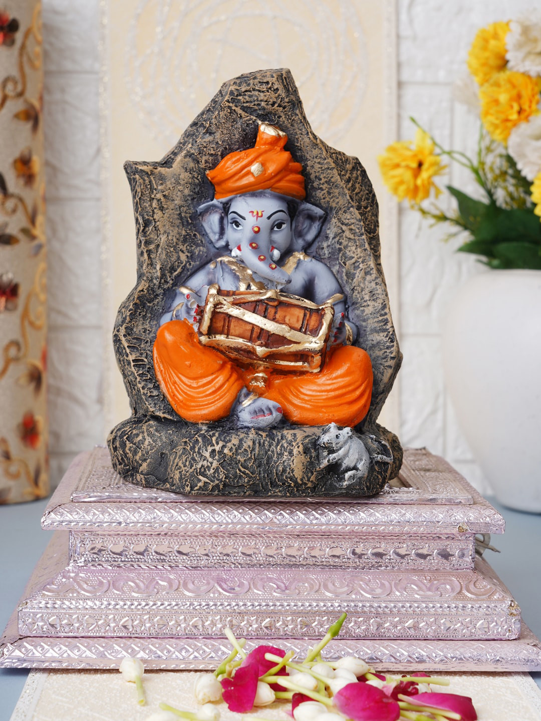 FASHIYANOO Dholak Ganesha Blue Polyresin Matte Prayer Room Medium Showpiece - 3.5 Inches