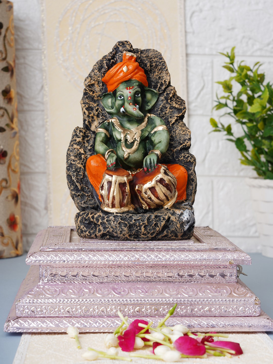 FASHIYANOO Tabla Ganesha Grey Polyresin Matte Prayer Room Medium Showpiece - 3.5 Inches