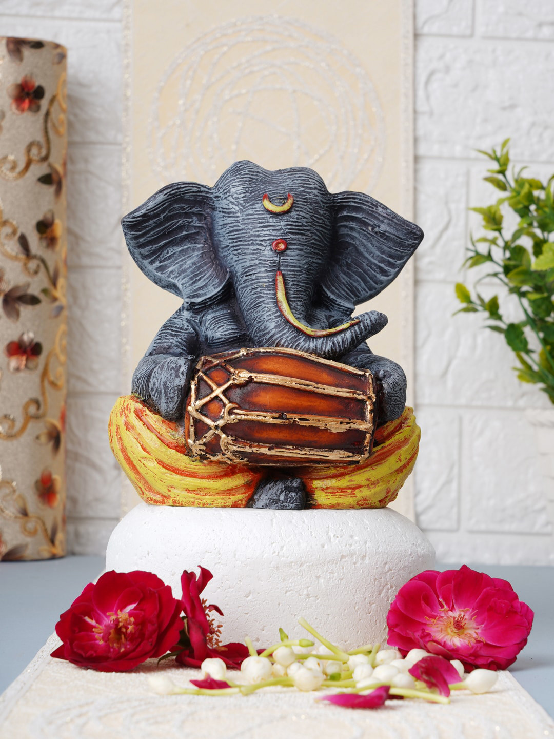 FASHIYANOO Dholak Ganesha Grey Polyresin Natural Prayer Room Medium Showpiece - 5.9 Inches