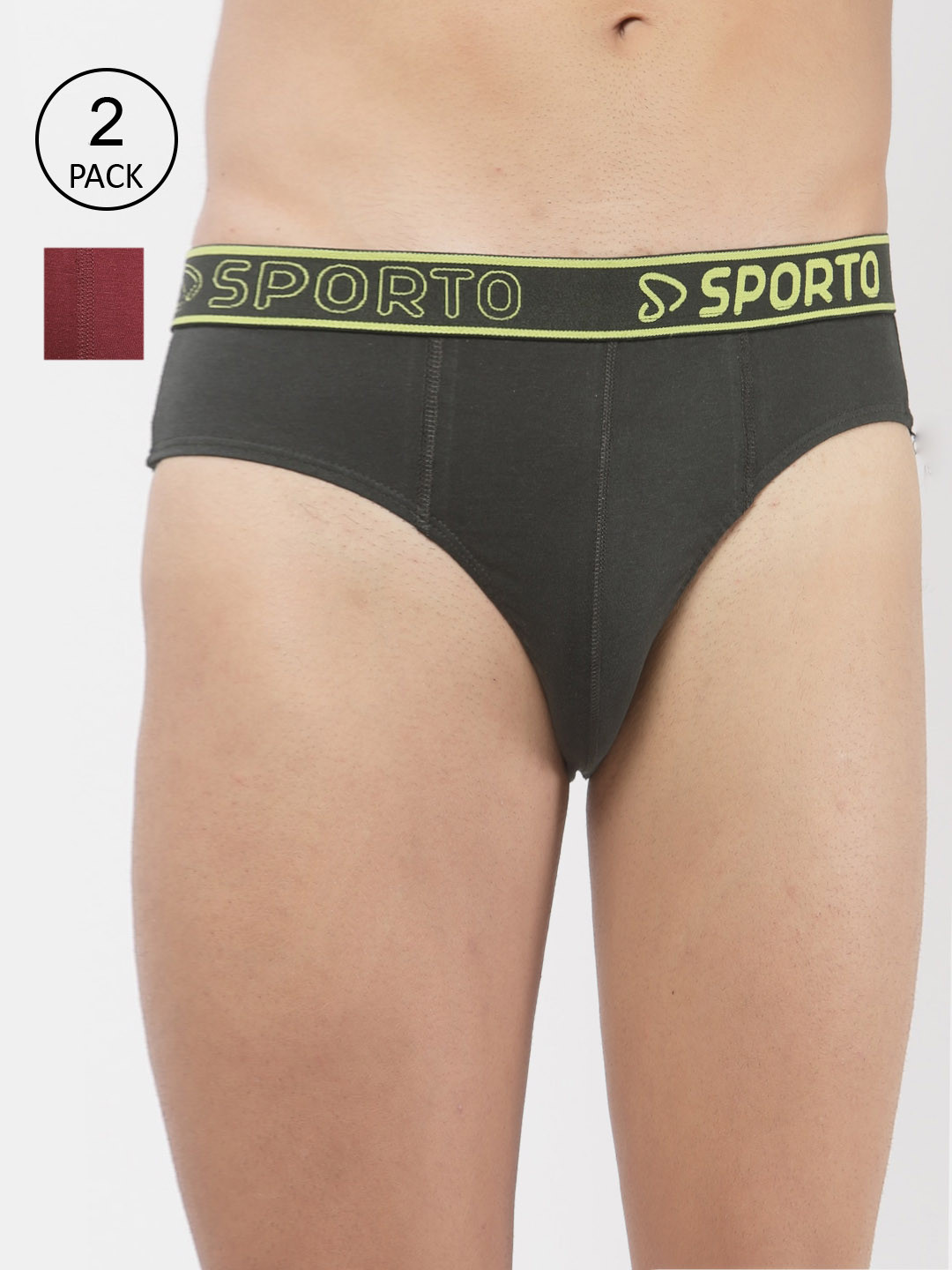 SPORTO Men Pack Of 2 Olive & Maroon Solid Basic Briefs