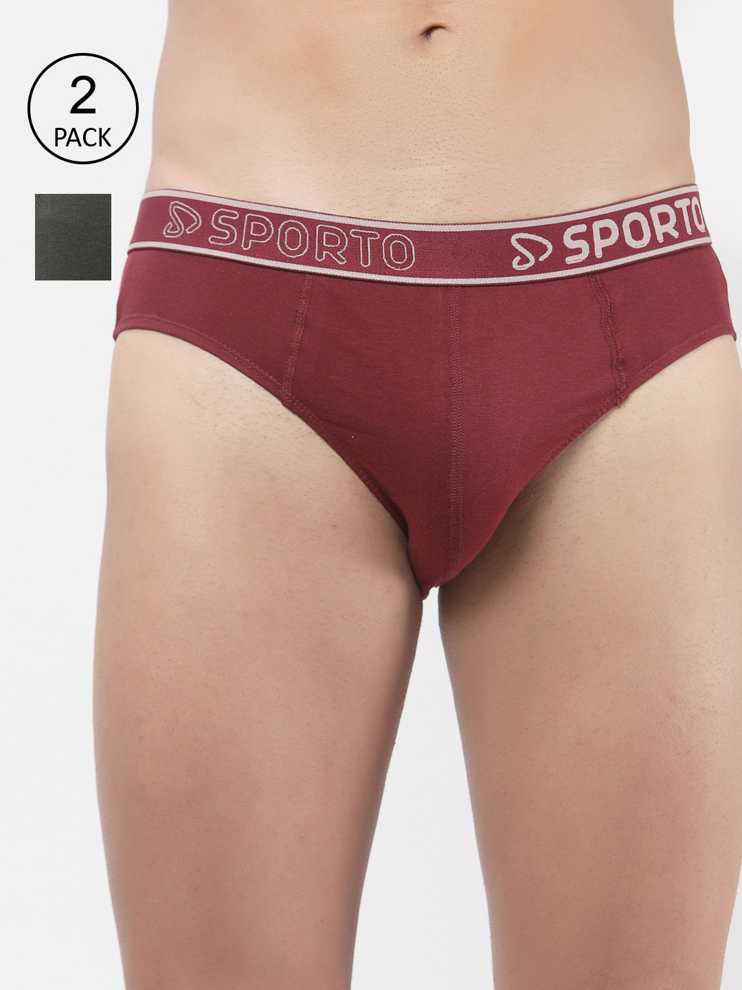 SPORTO Men Pack Of 2 Maroon & Olive Solid Cotton Briefs