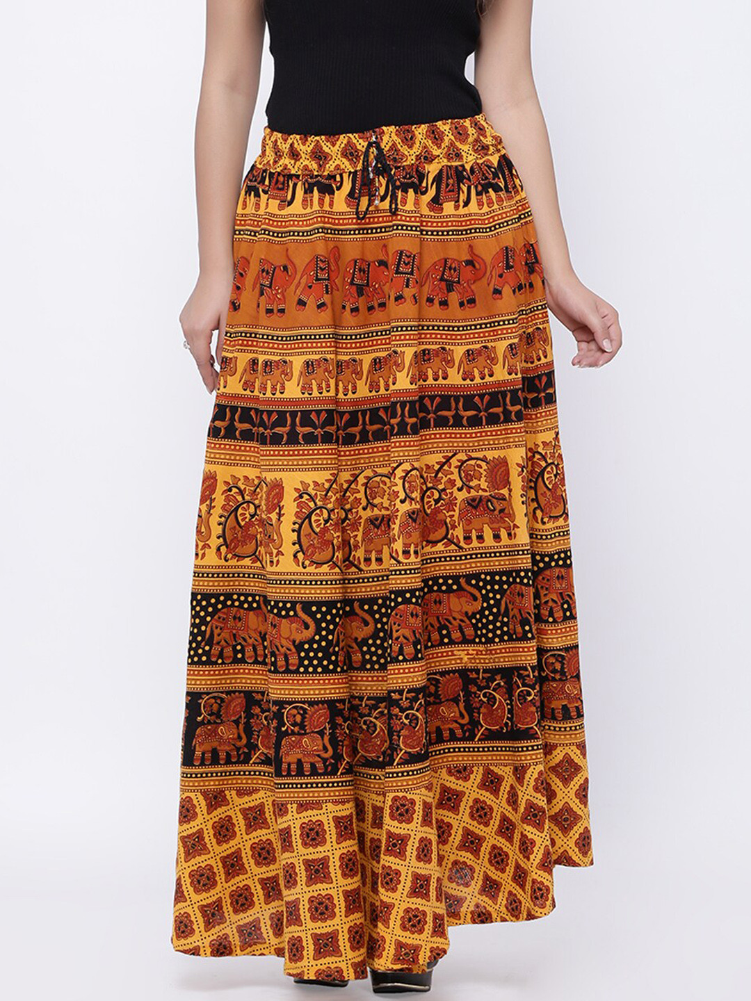 SOUNDARYA Women Yellow Printed Pure Cotton Flared Maxi Skirt