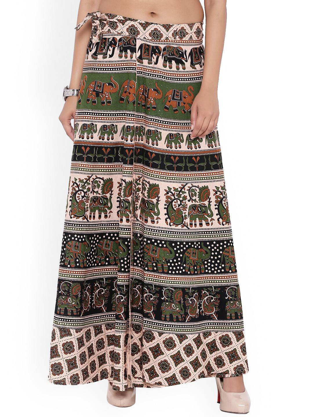 SOUNDARYA Women Beige & Green Printed Pure Cotton Wrap Skirt