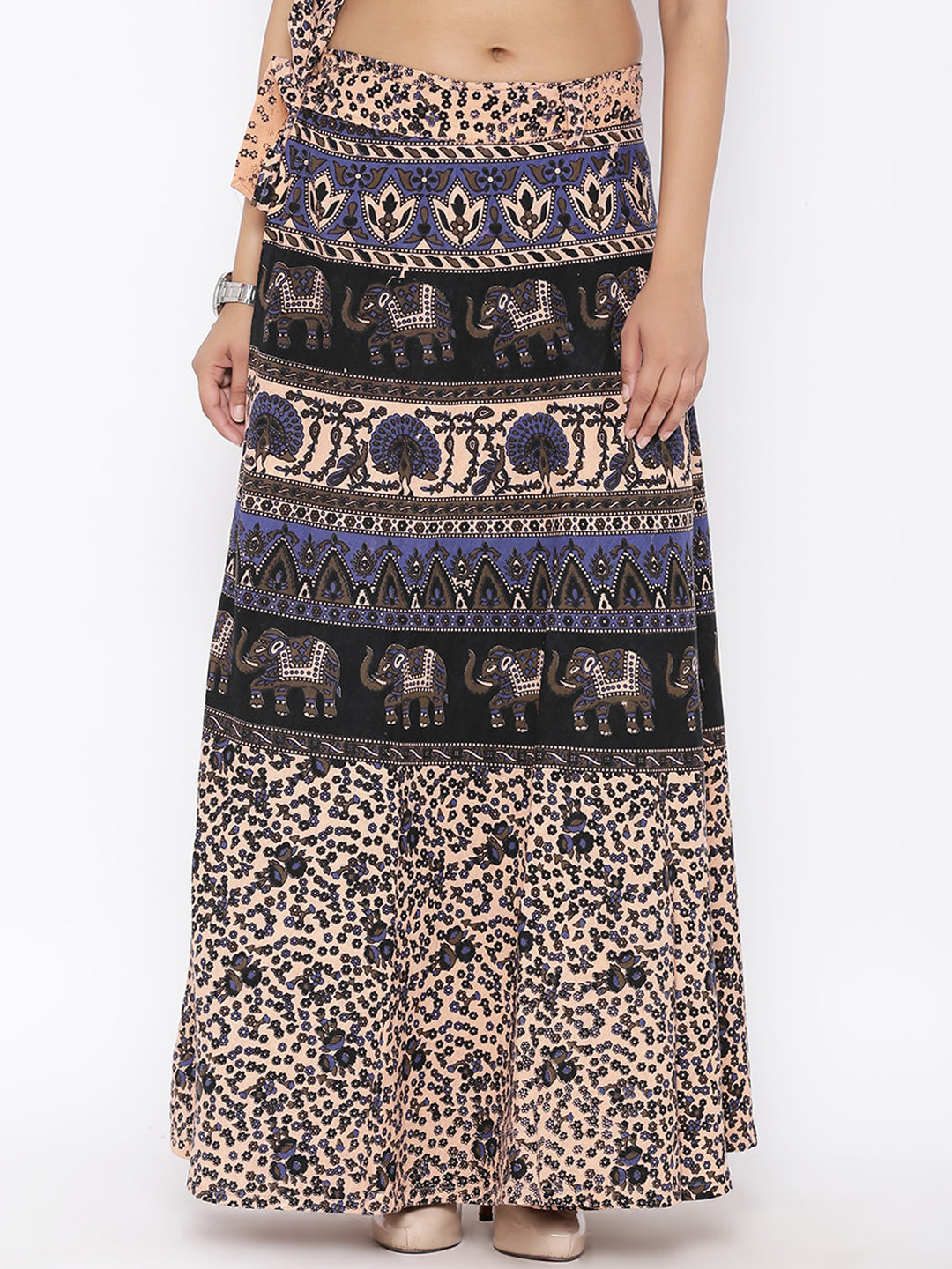 SOUNDARYA Women Beige Printed Cotton Maxi Wrap Skirt