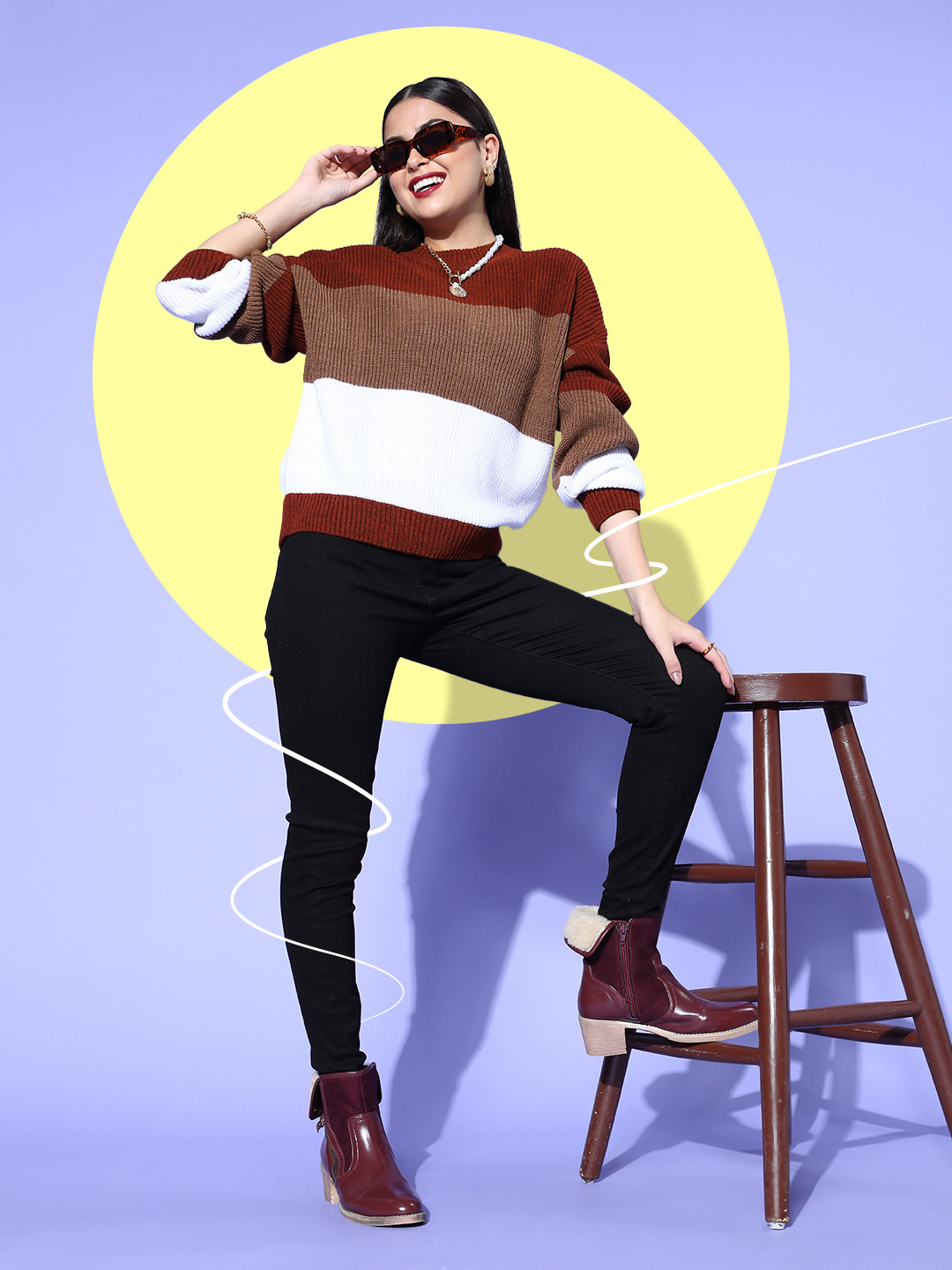 Berrylush Women Brown Striped Knits Bits Sweater