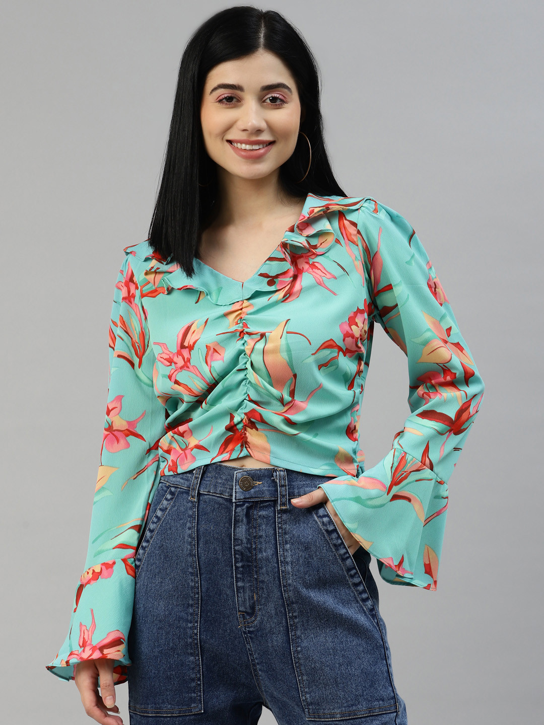 plusS Turquoise Blue Floral Print Top