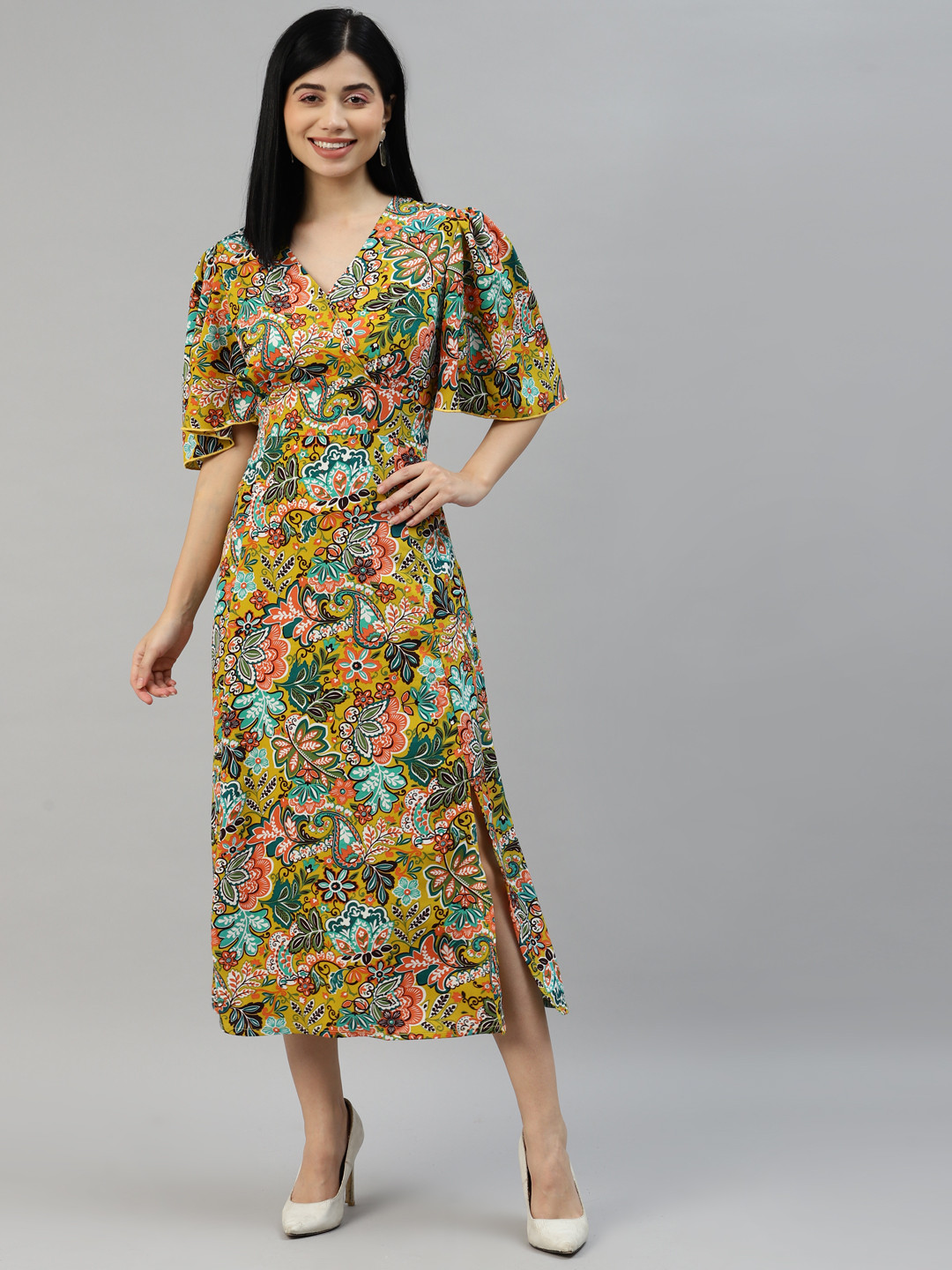 plusS Mustard Yellow & Green Floral Midi Dress