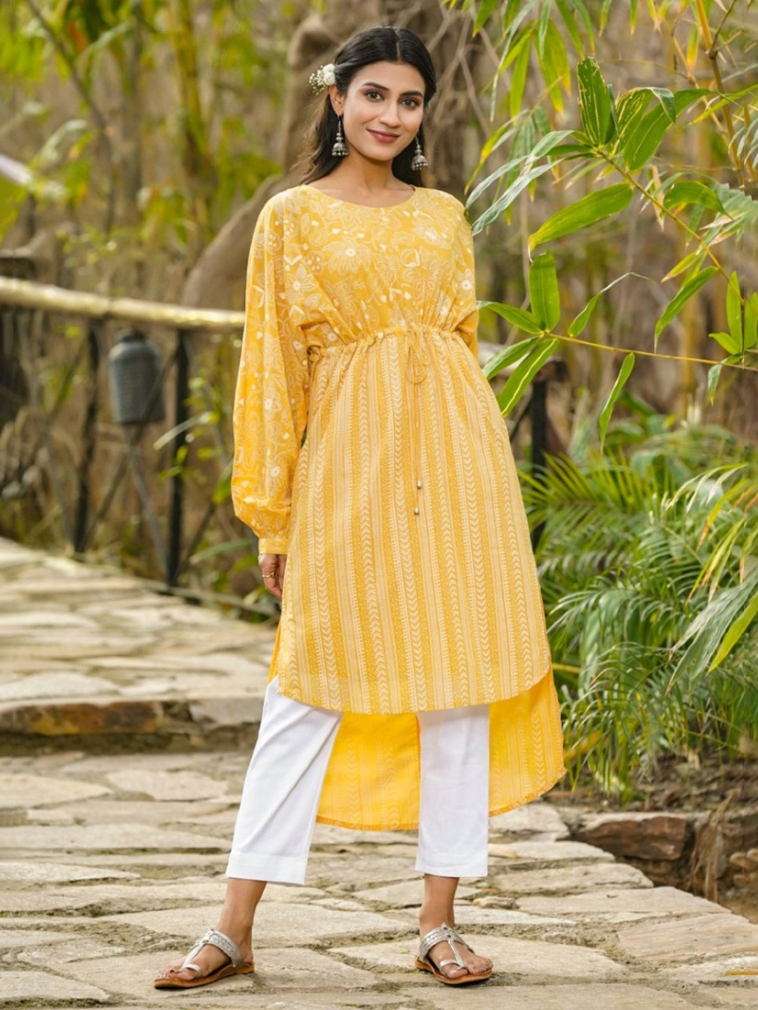 Juniper Yellow Floral Printed Georgette High-Low Tunic With Shantoon Inner