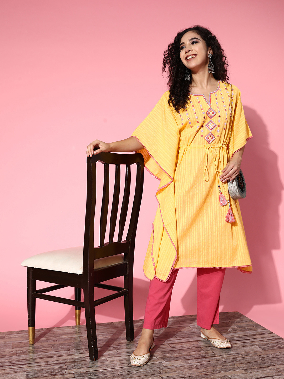 Juniper Women Bright Yellow Cotton Adjustable Waistline Kurta