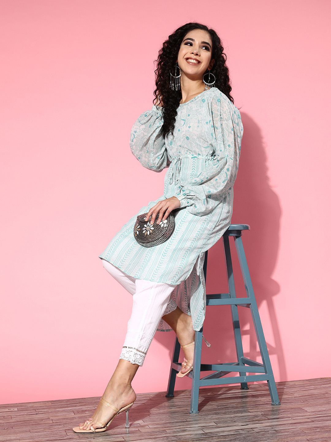 Juniper Women Classy Blue Polyester Adjustable Waistline Tunic