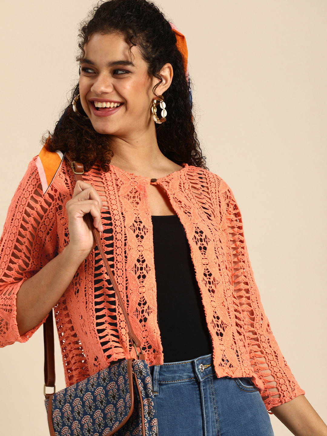 Sangria Women Peach-Coloured Crochet Cotton Button Shrug