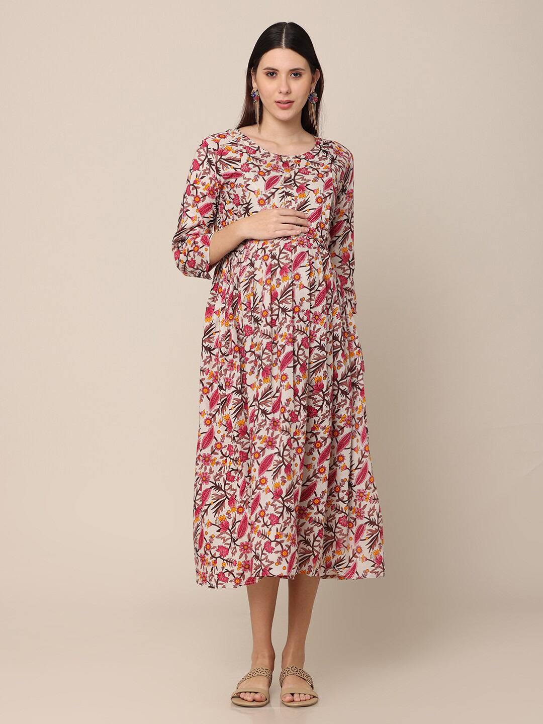 NAYRA Beige & Red Floral Maternity A-Line Midi Dress