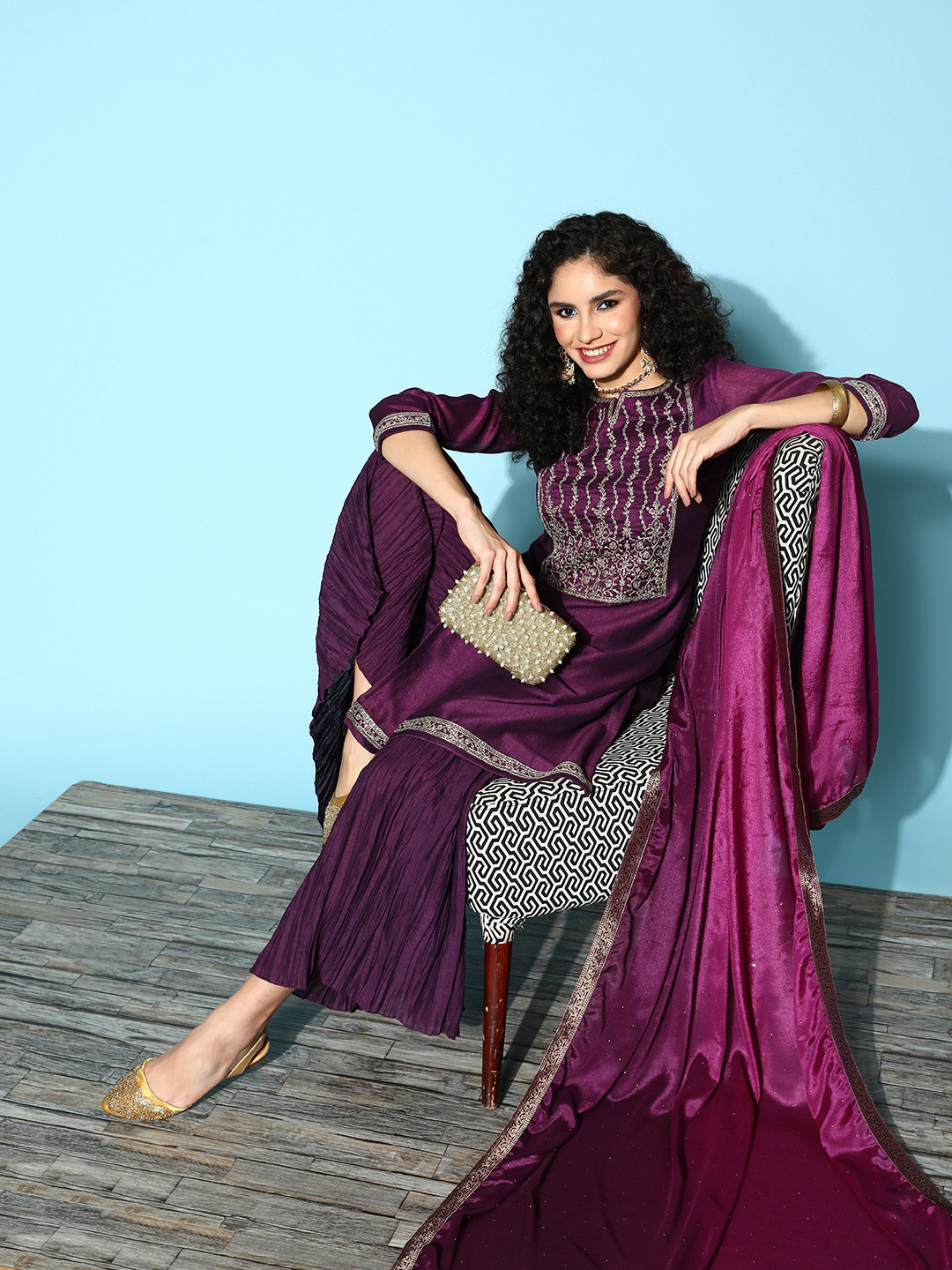 Libas Womens Purple Yoke Design Straight Kurta With Sharara & Dupatta
