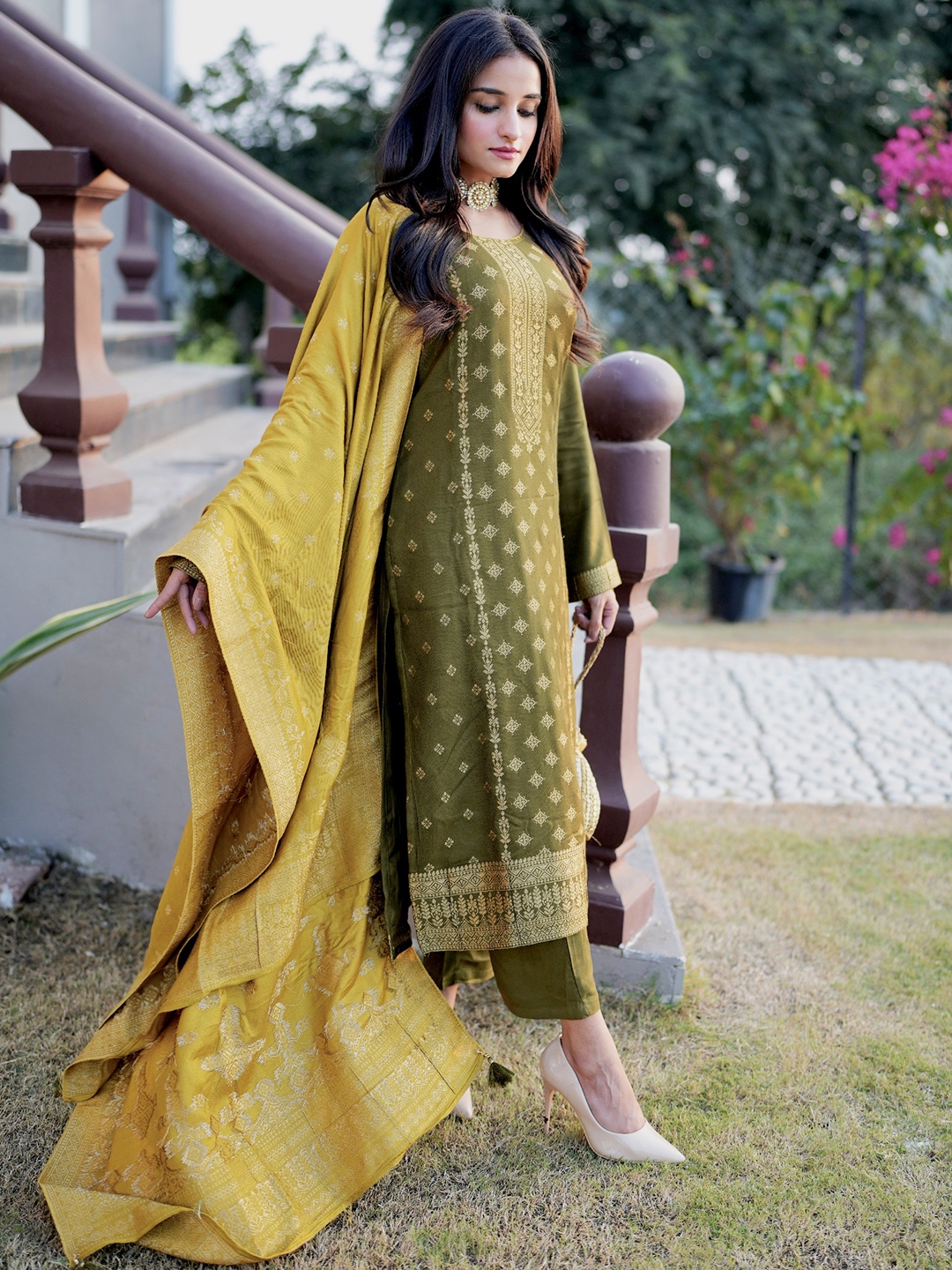 Buy Libas Women Olive Green Floral Motifs Pashmina Wool Kurta with Trousers Dupatta Kurta Sets for Women 19674666 Myntra