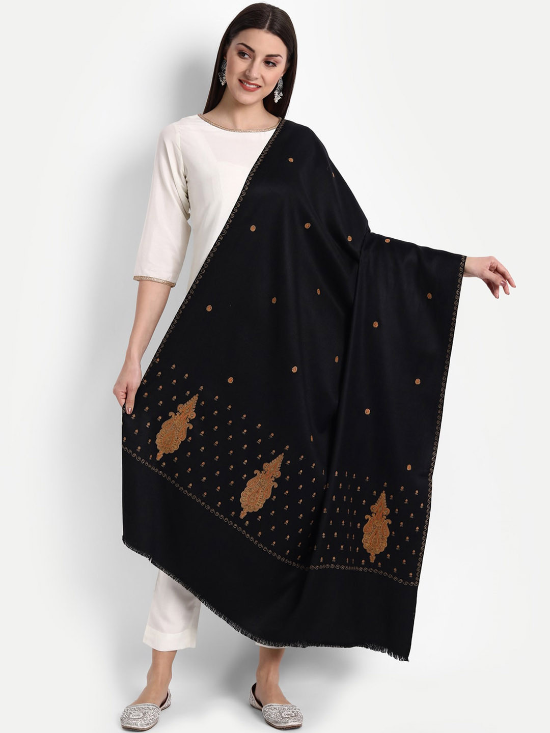 Zamour Women Black Sonzi Embroidered Woolen Shawl