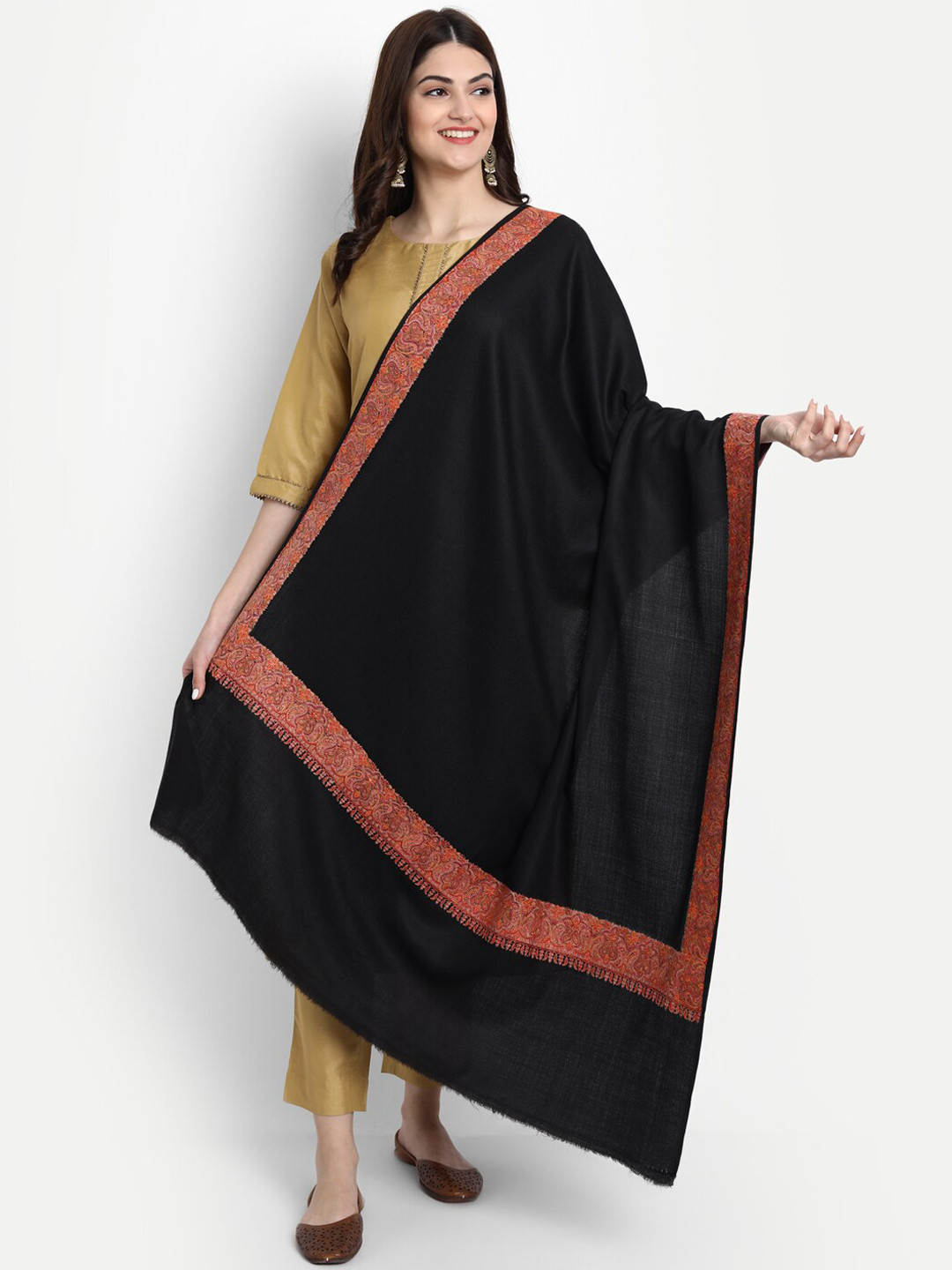 Zamour Women Black Embroidered Wool Shawl