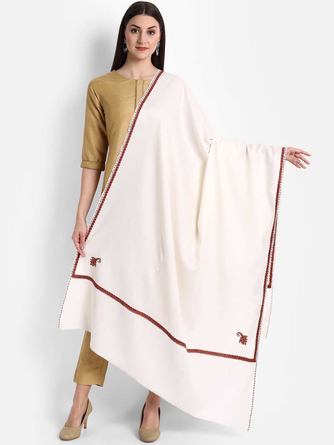 Zamour Women White & Red Embroidered Shawl