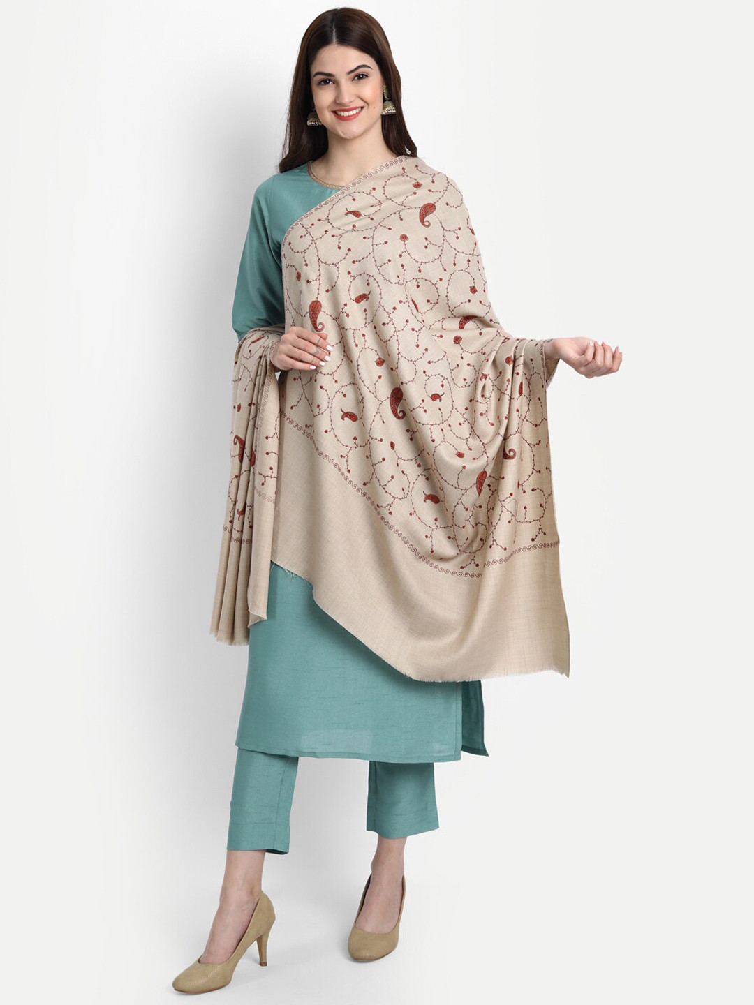 Zamour Women Cream & Red Embroidered Shawl