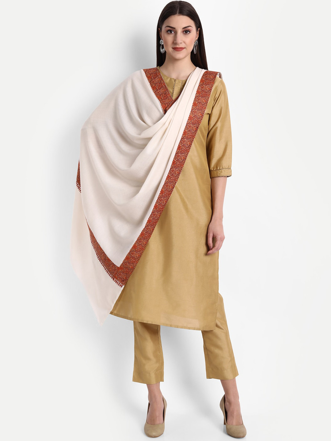 Zamour Women White Embroidered Wool Shawl