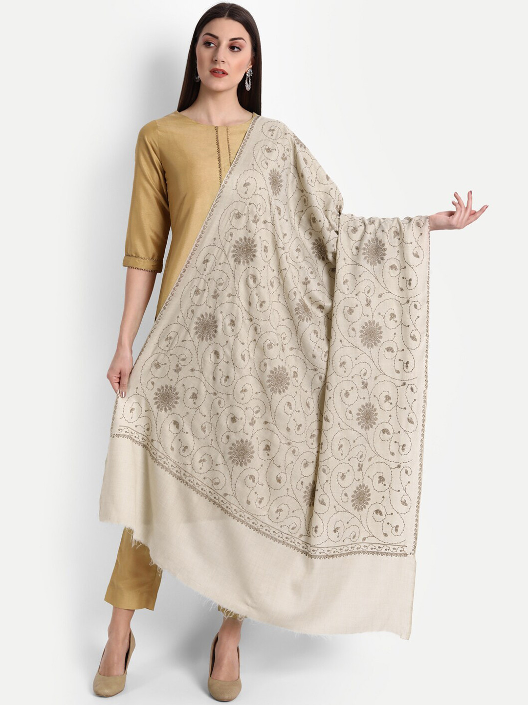 Zamour Women Beige Colored Embroidered Pure Woolen Shawl