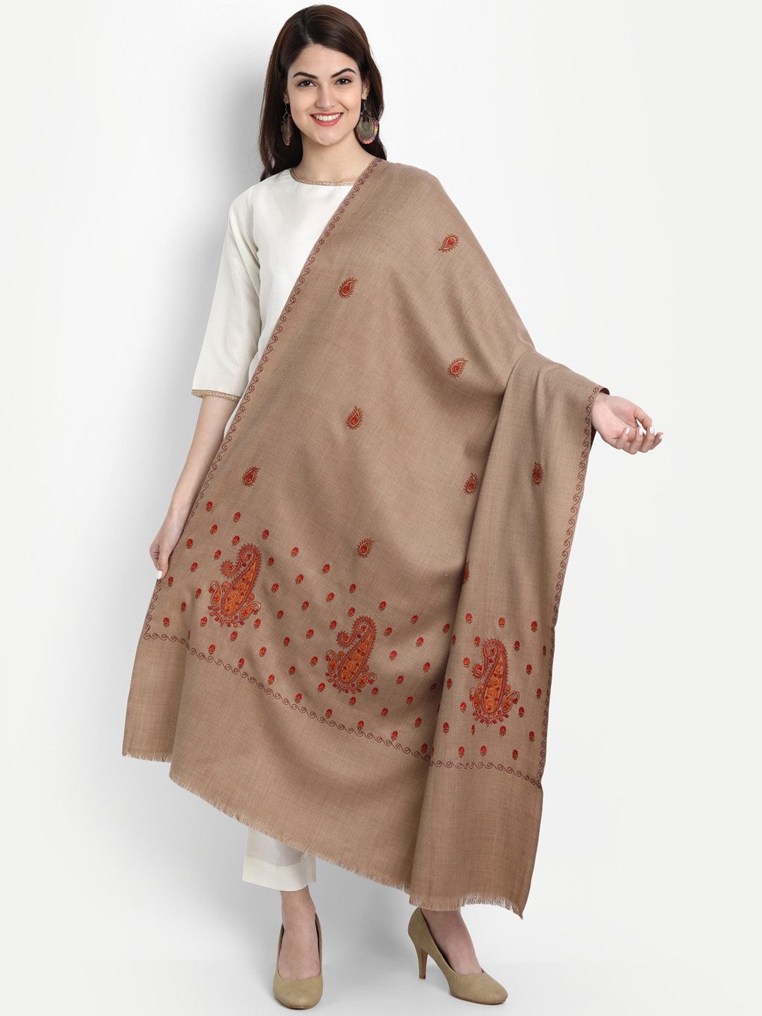 Zamour Women Brown Sozni Embroidered Shawl