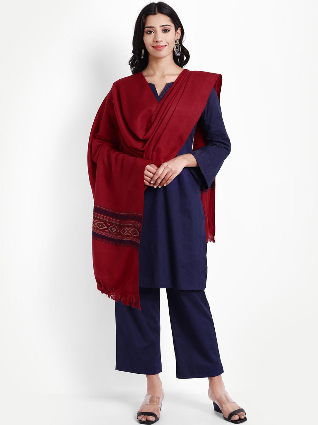 Zamour Women Maroon & Navy Blue Solid Wool Shawl