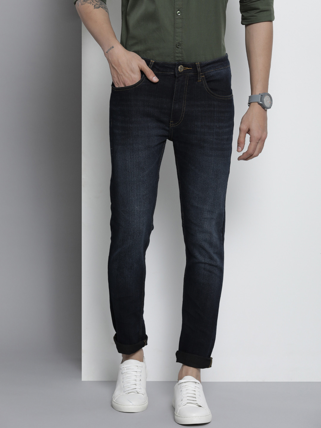 The Indian Garage Co Men Navy Blue Jean Skinny Fit Light Fade Stretchable Jeans