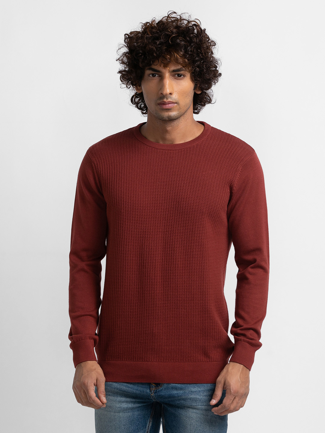 SPYKAR Pure Cotton Round Neck Cable Knit Pullover Sweater