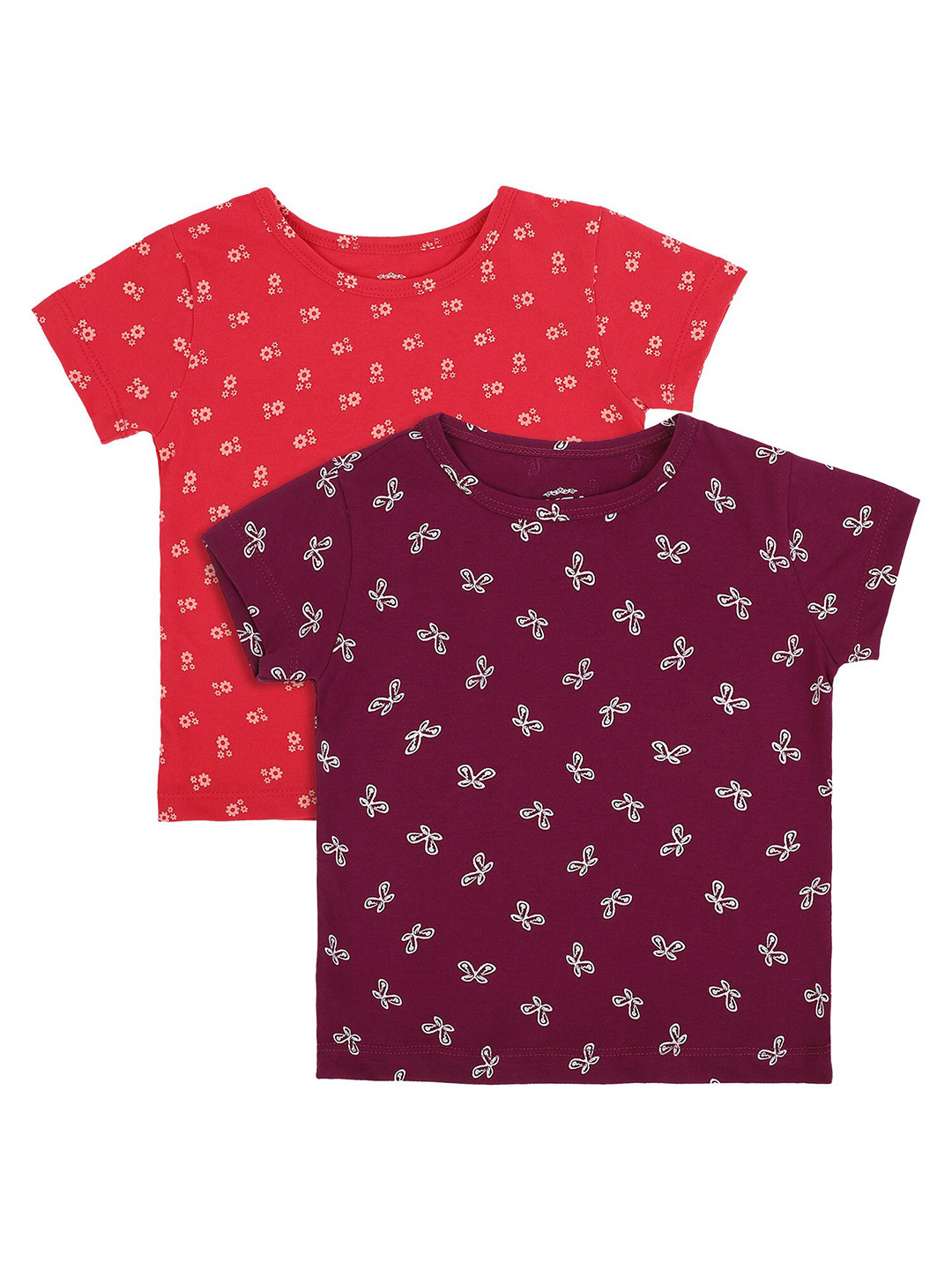 DYCA Girls Red & Burgundy Set Of 2 Printed T-shirt
