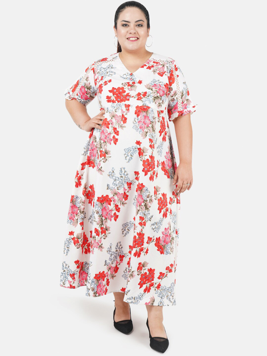 Indietoga Plus Size Women White & Red Floral Maxi Dress