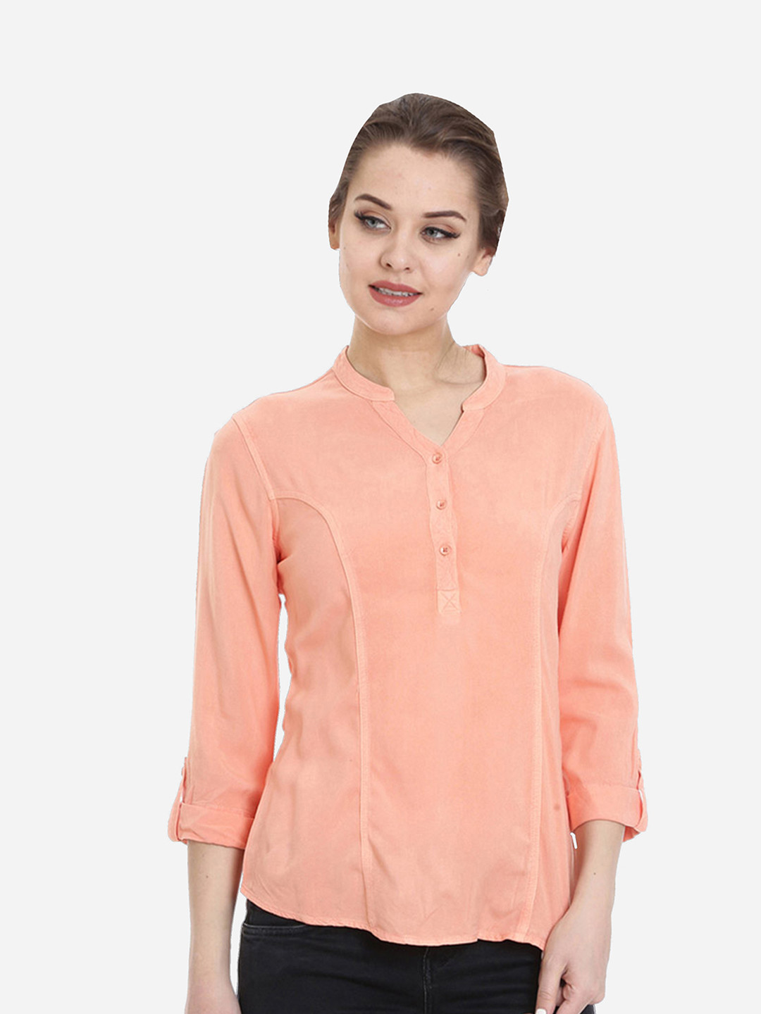 IDENTITI Peach-Coloured Solid Shirt Style Top