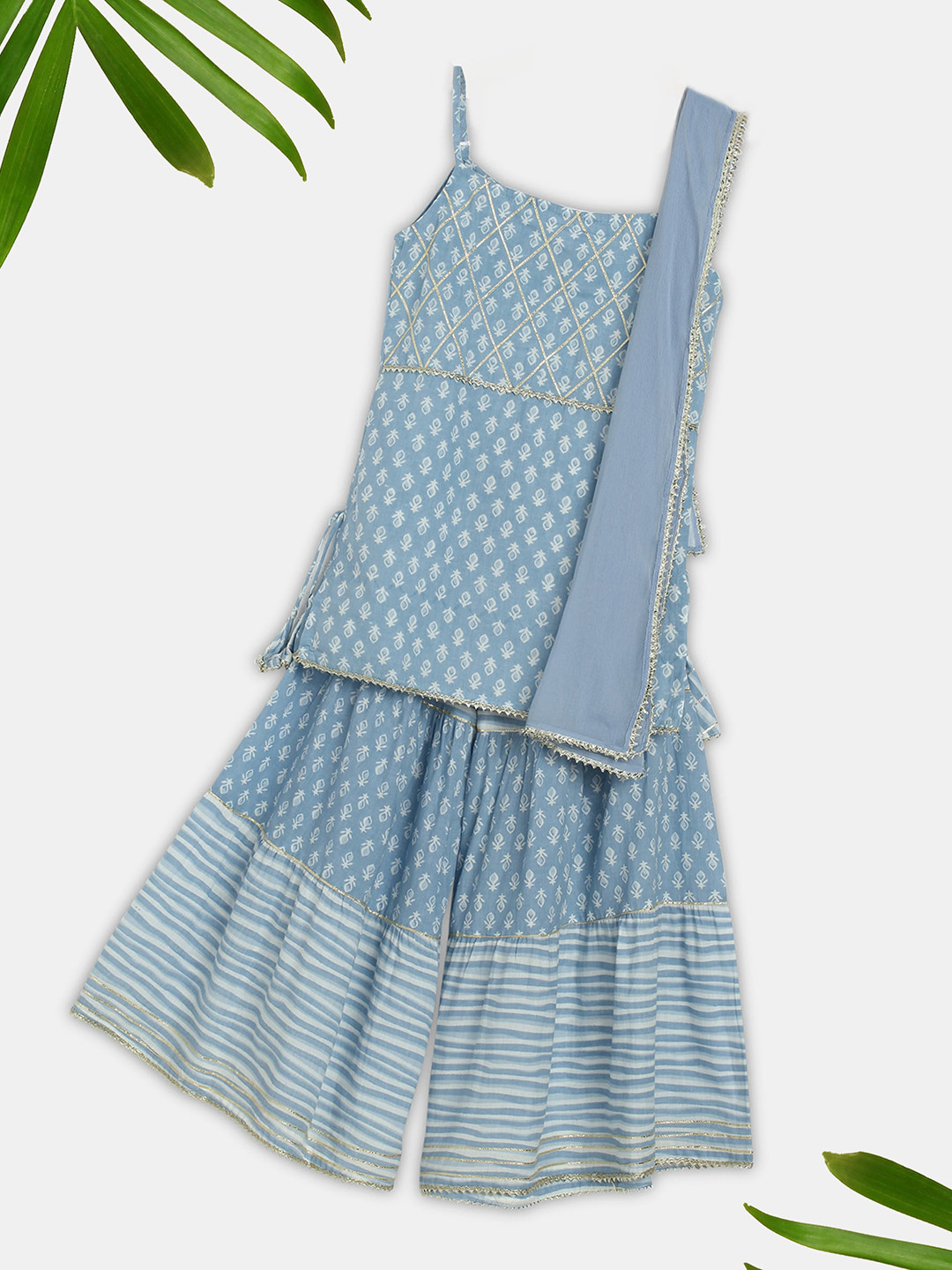 Ka-mee Girls Blue Ethnic Motifs Printed Pure Cotton Kurti with Palazzos & Dupatta