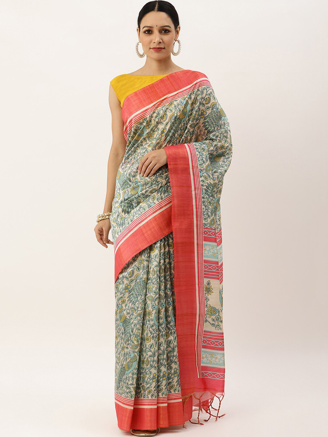 VISHNU WEAVES Pink & Green Kalamkari Jute Silk Tussar Saree