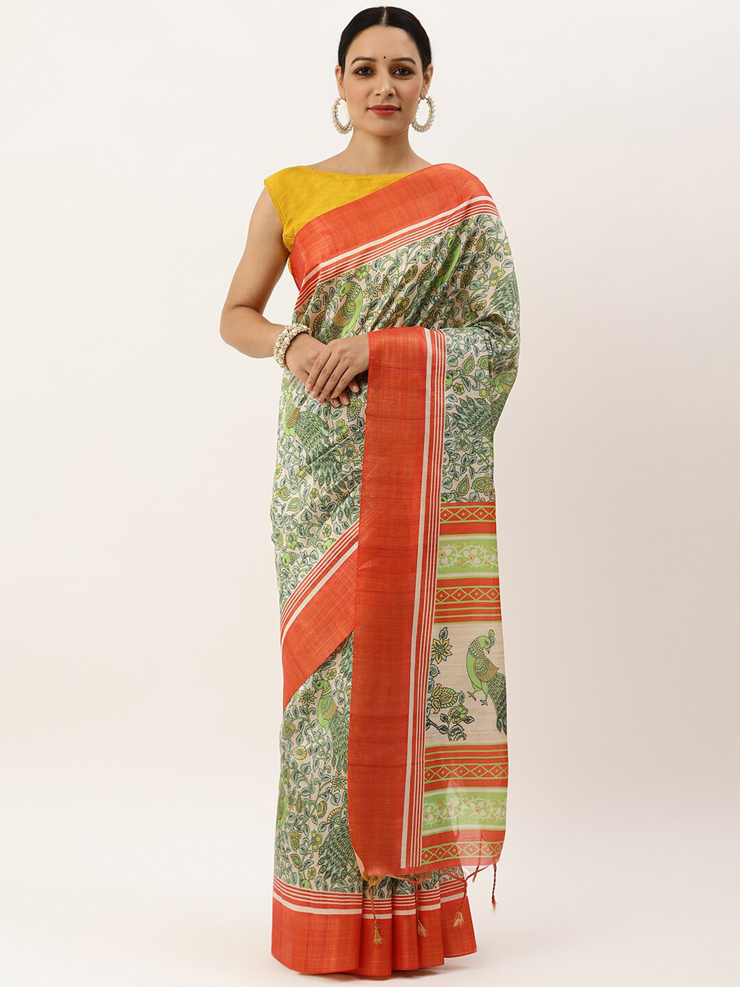 VISHNU WEAVES Red & Gold-Toned Ethnic Motifs Jute Silk Tussar Saree
