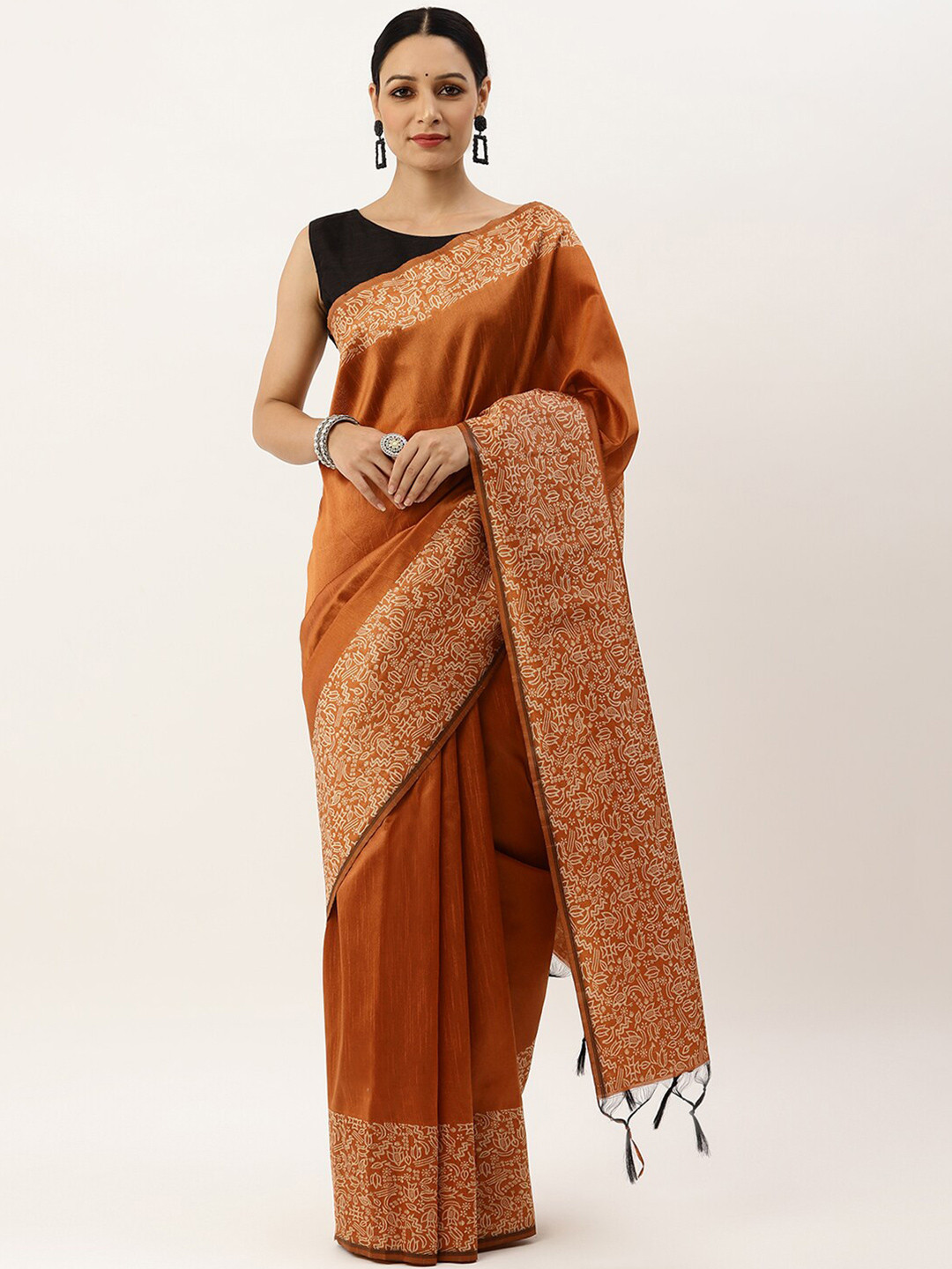 VISHNU WEAVES Orange & Off White Woven Design Bhagalpuri Saree