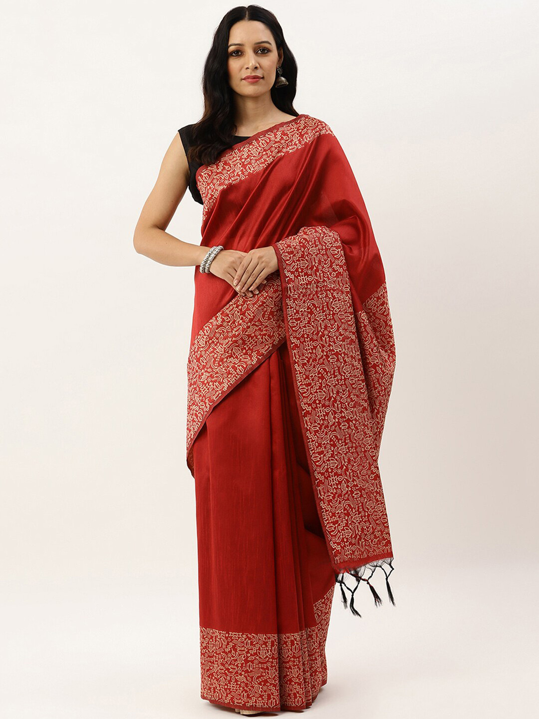 VISHNU WEAVES Red & Off White Ethnic Motifs Bhagalpuri Saree