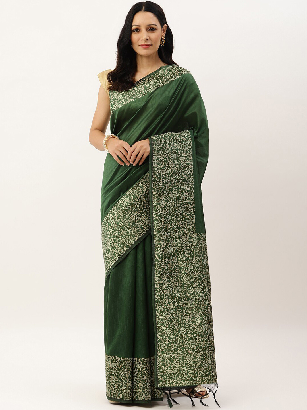 VISHNU WEAVES Green & White Woven Design Bhagalpuri Saree