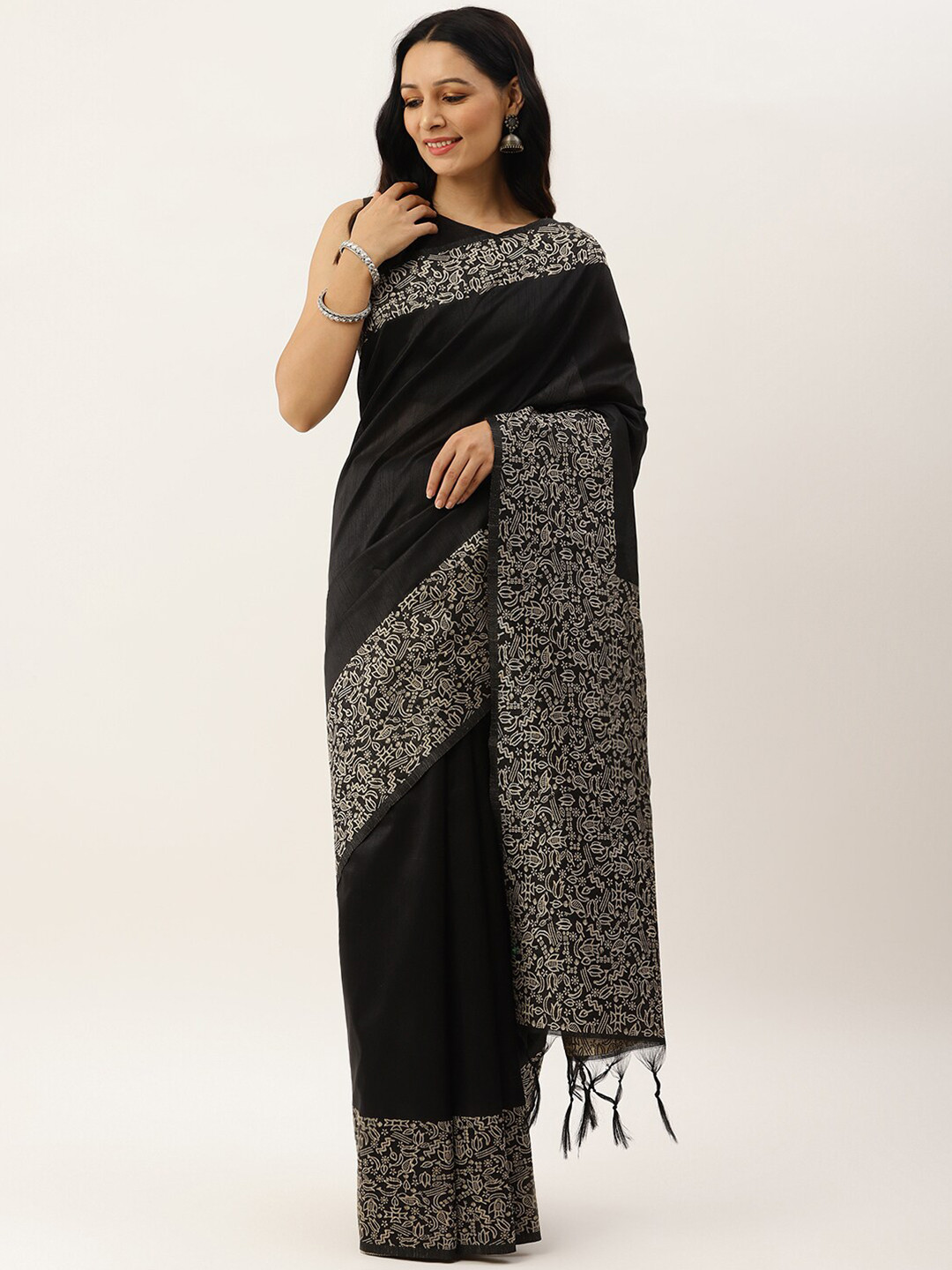 VISHNU WEAVES Black & Brown Bhagalpuri Saree