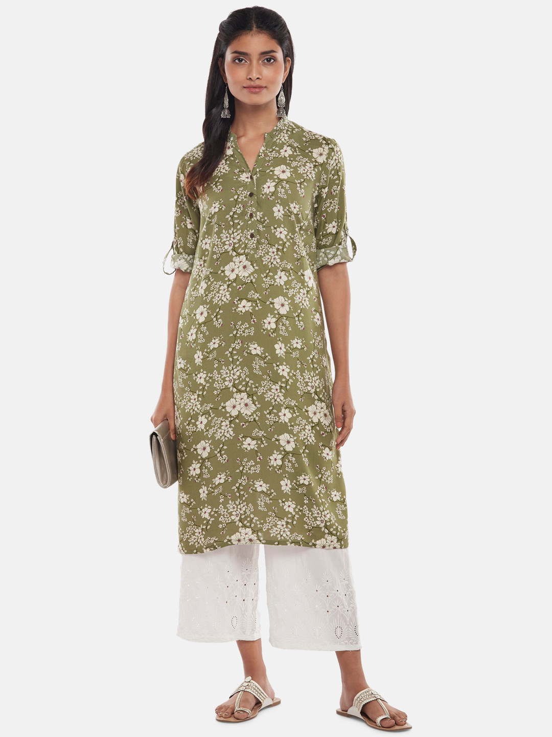 RANGMANCH BY PANTALOONS Women Green Floral Print Pathani Kurta