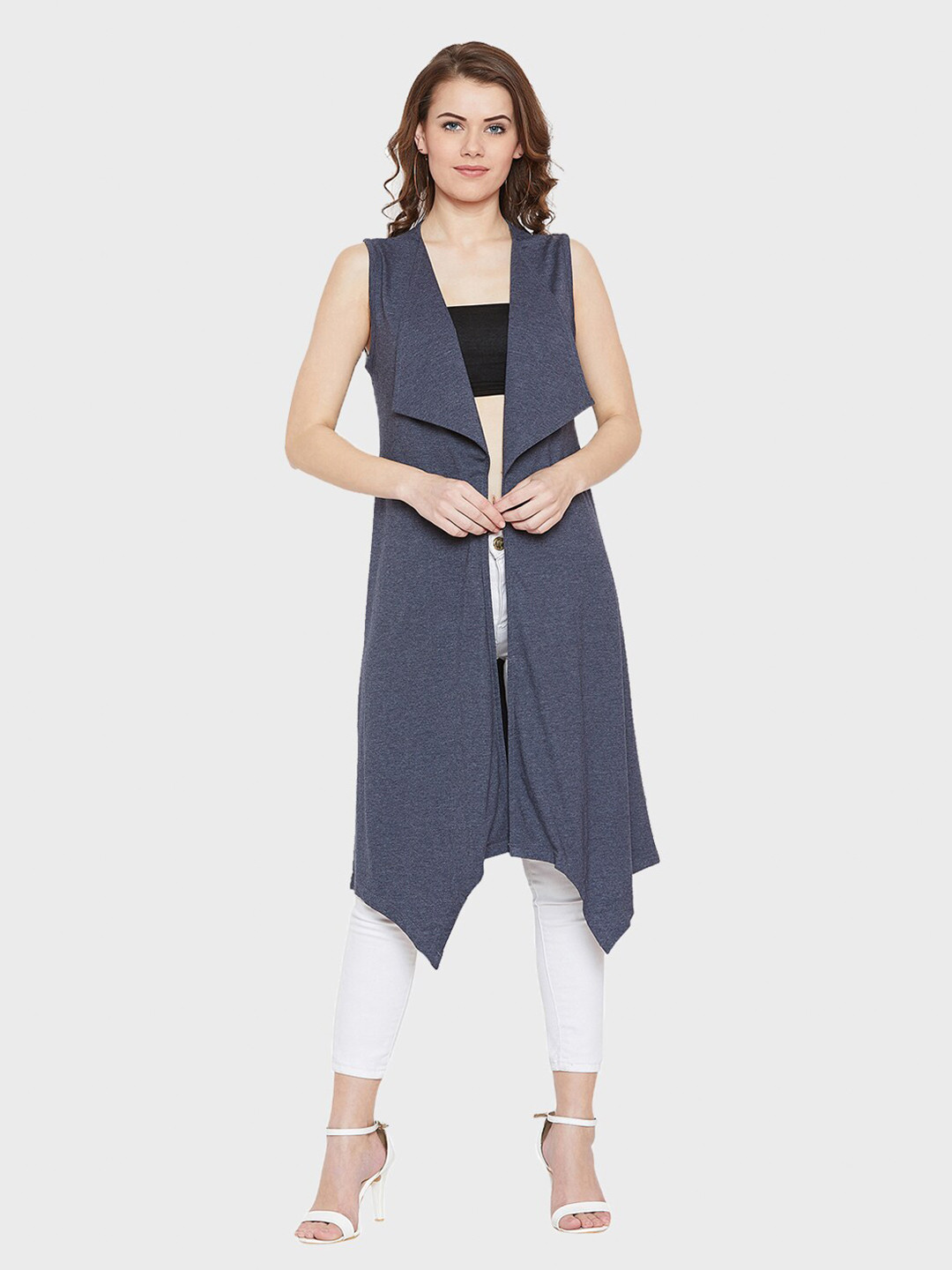Hypernation Women Blue Cotton Blend Longline Shrug