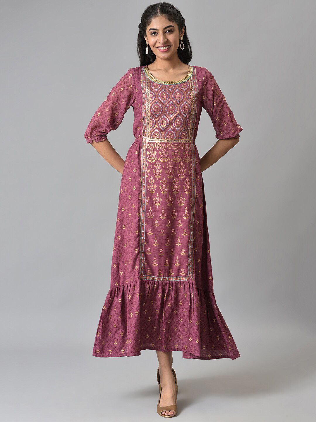 AURELIA Maroon Ethnic Motifs A-Line Maxi Dress