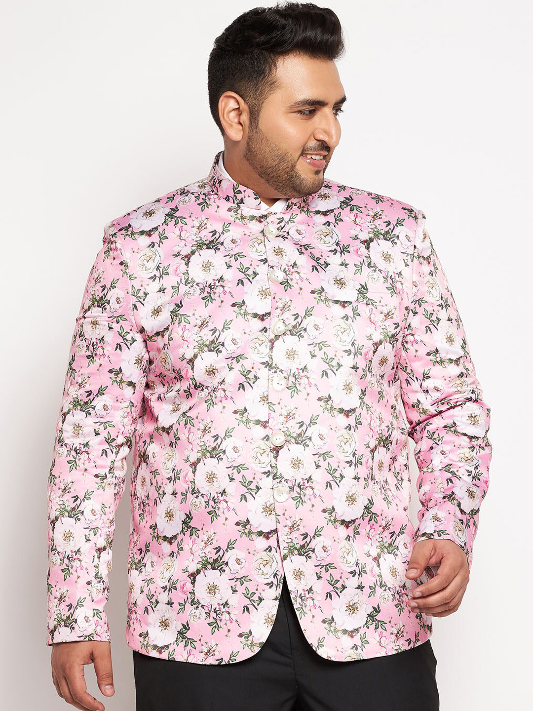 VASTRAMAY Men Plus Size Pink Printed Slim Fit Bandhgala Blazer
