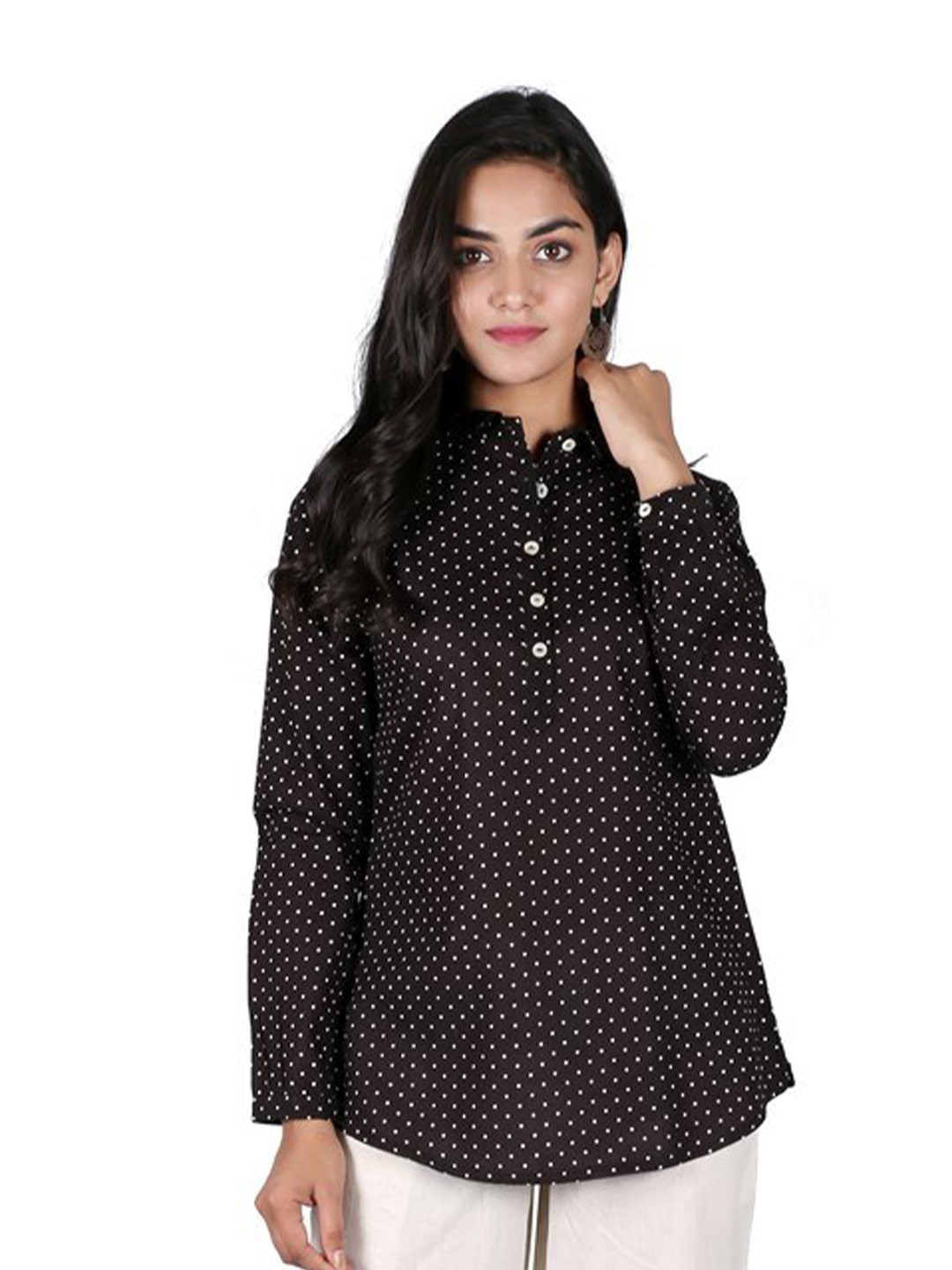 SUTI Women Black Print Mandarin Collar Shirt Style Pure Cotton Top