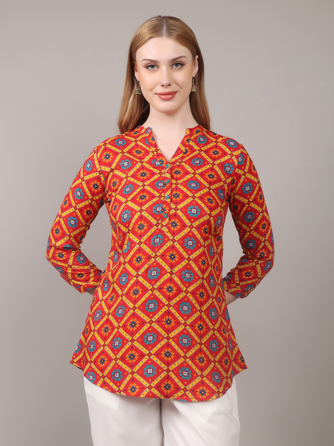 SUTI Red & Turquoise Blue Geometric Print Mandarin Collar Shirt Style Top